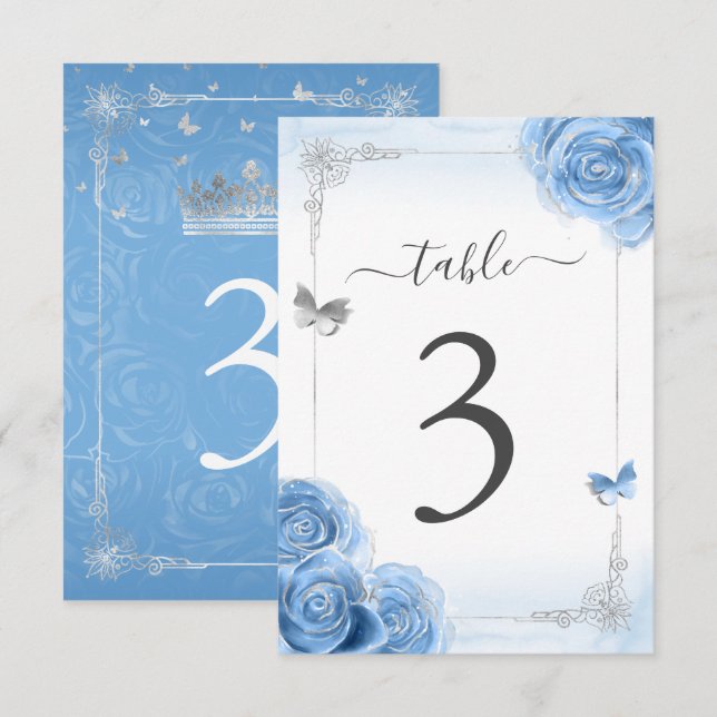 Carte de numéro de table Silver Bahama Blue Roses  (Devant / Derrière)