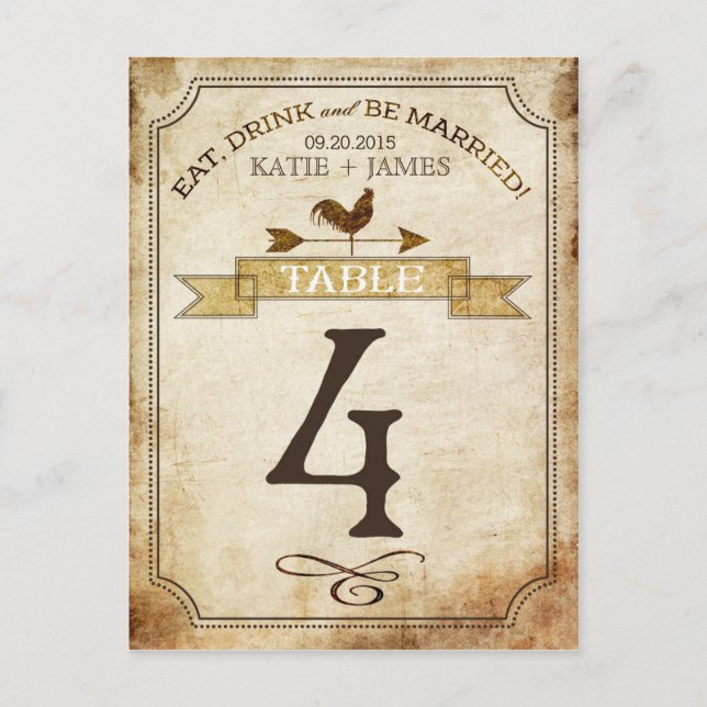 Carte de numéro de table vintage Rooster Rustic Co (Devant)