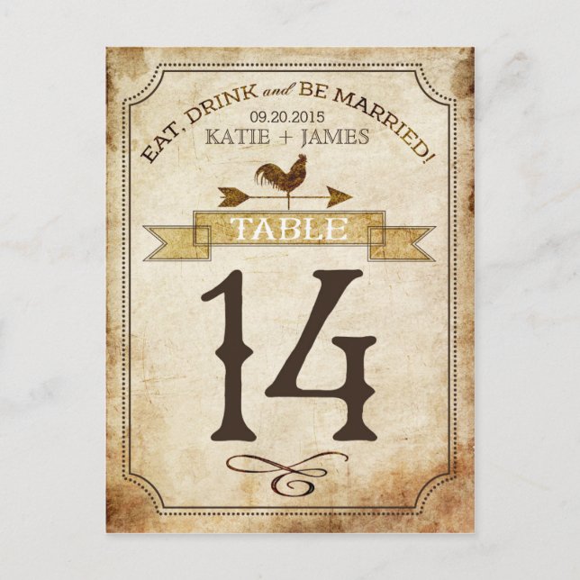 Carte de numéro de table vintage Rooster Rustic Co (Devant)