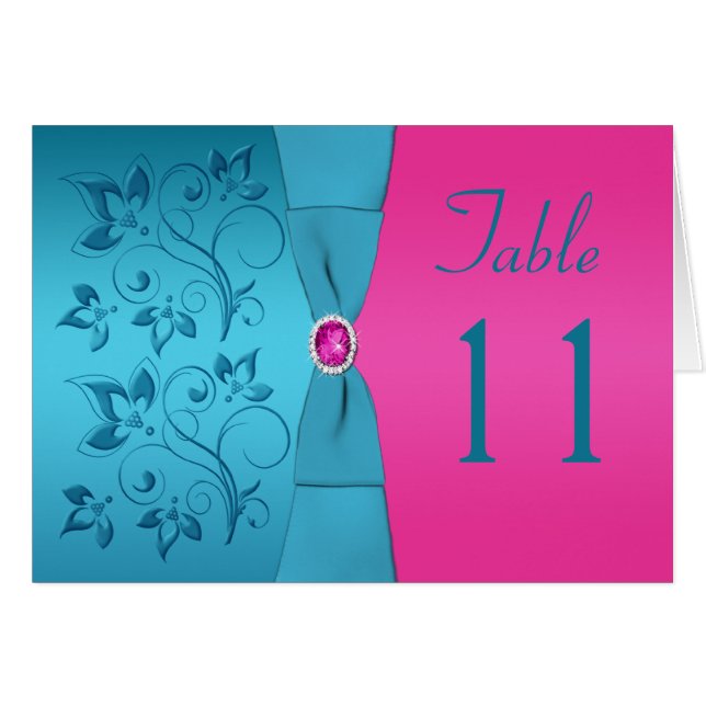 Carte de numéro de tableau florale Fuchsia et Turq (Devant horizontal)
