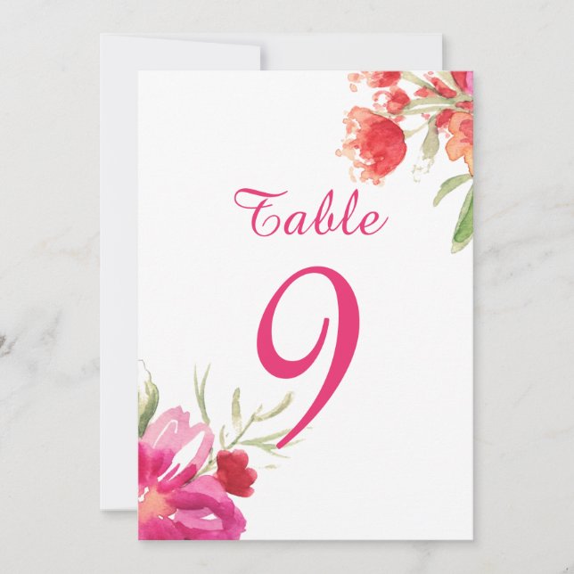 Carte de numéros de table à fleurs aquarelles rose (Devant)
