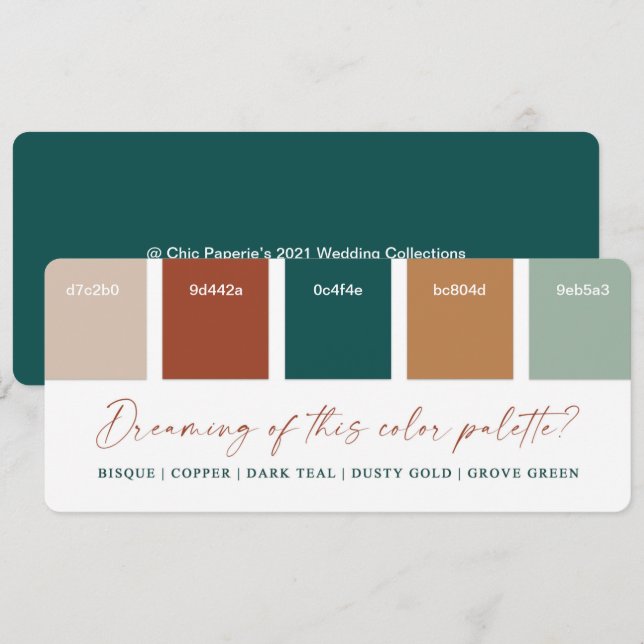 Carte de palette de couleurs de mariage 2021 Sarce (Devant / Derrière)