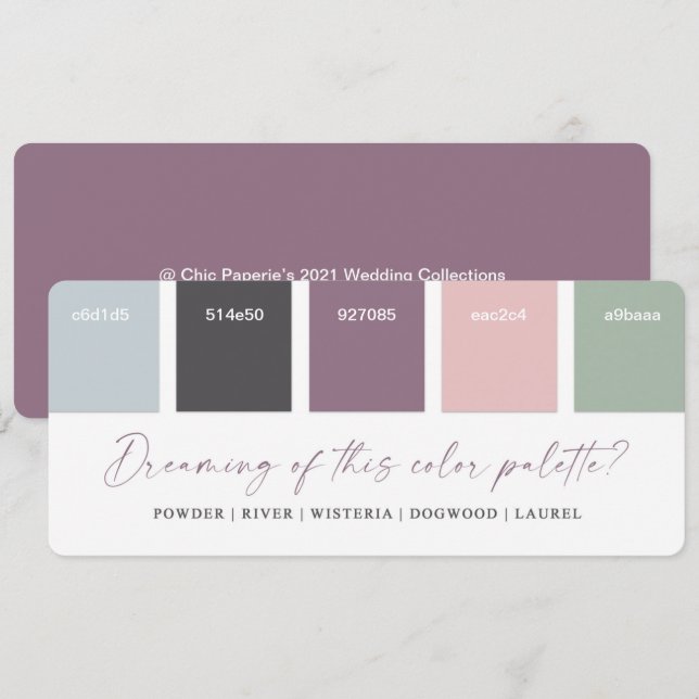 Carte de palette de couleurs de mariage violet et  (Devant / Derrière)