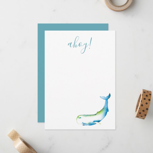 Carte de papier à lettres pour baleines turquoise (Devant/Arrière en situation)