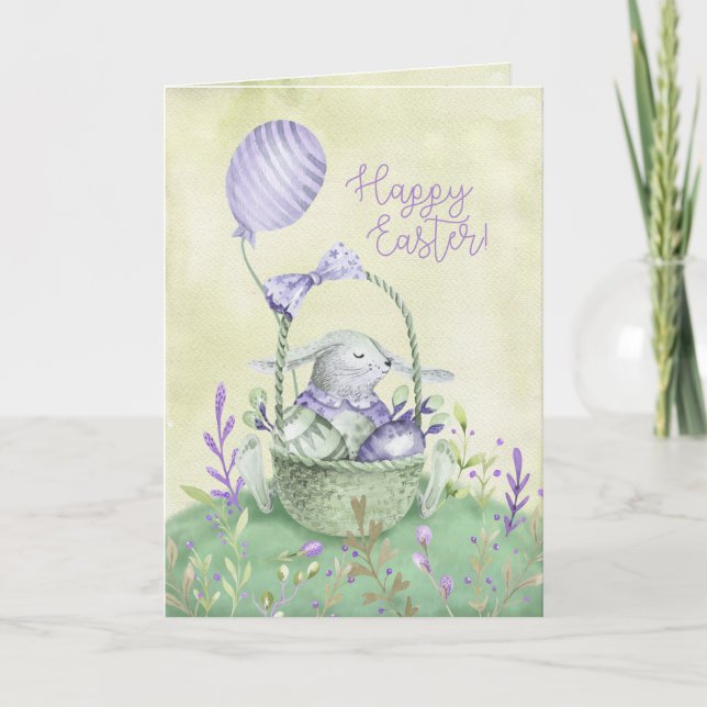 Carte de Pâques aquarelle Lapin et panier d'œufs (Devant)