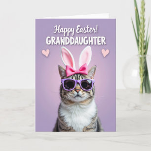 Carte de Pâques au chat tigré avec noeud fuchsia