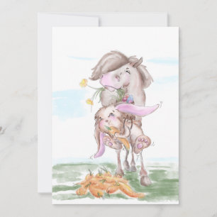 Carte de Pâques avec lapin doux et cheval