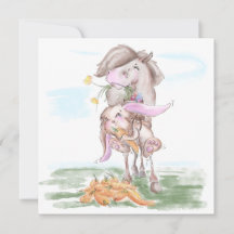 Carte de Pâques avec lapin doux et cheval