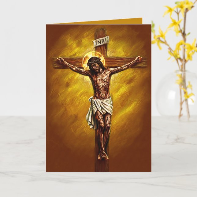 Carte de Pâques bénie Jésus crucifié Or (Fleur jaune)