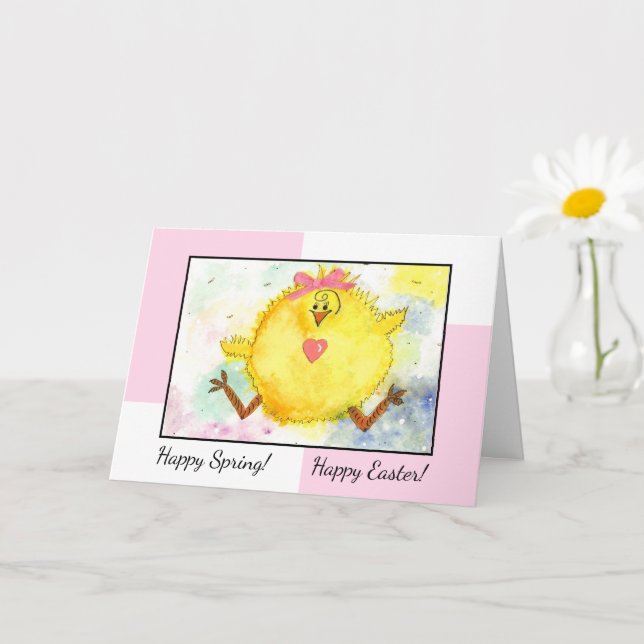Carte de Pâques de poulet de couleur aquarelle (Petite plante)