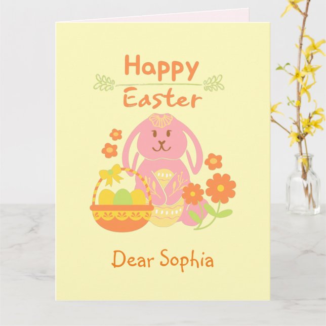 Carte de Pâques Lapin Rose et Fleurs Joyeuses (Fleur jaune)