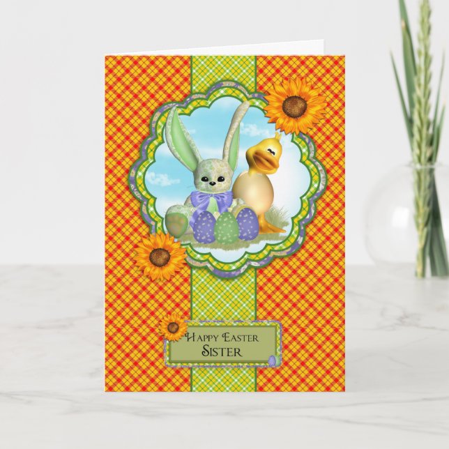 Carte de Pâques mignonne de soeur avec le lapin et (Devant)