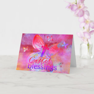 Carte de Pâques papillon croix aquarelle rose viol