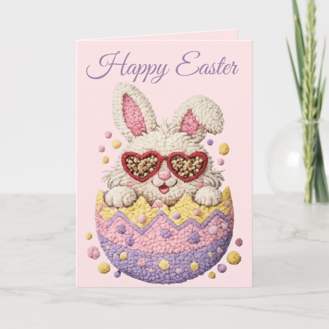 Carte de Pâques personnalisée Lapin Brodé Pastel (Devant)