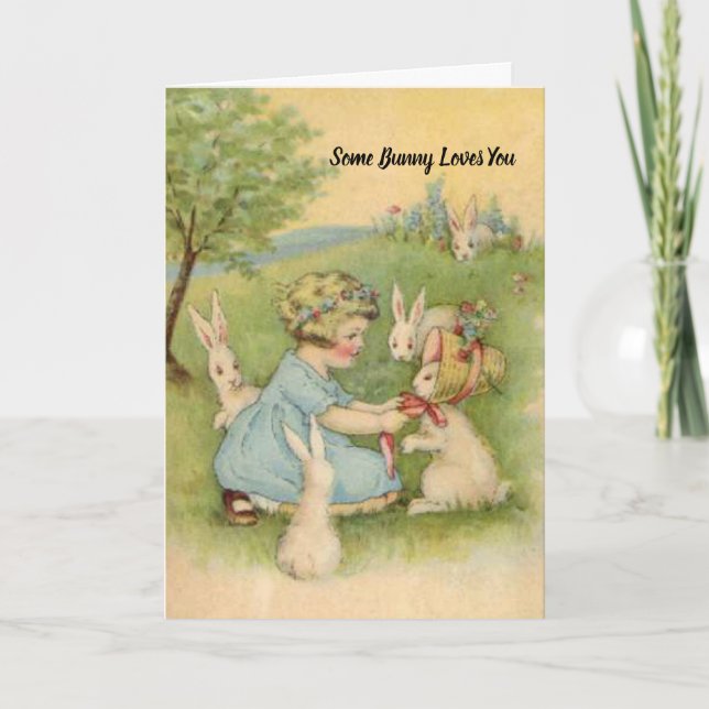 Carte de Pâques, Petite fille avec lapins blancs (Devant)