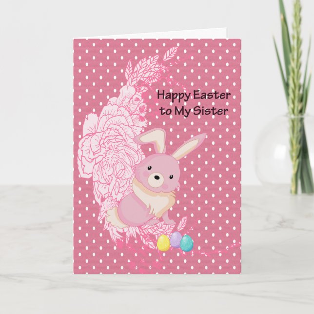 Carte de Pâques pour Soeur avec mignon lapin & Fle (Devant)