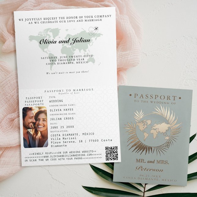 Carte de passeport mariage de destination feuille  (passport wedding invitation card destination getaway tropical beach sage green leaf wreath monograms)