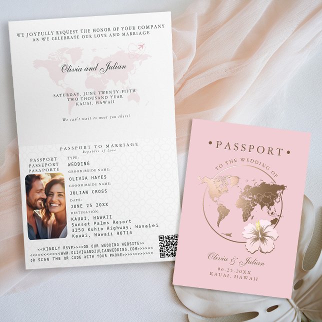 Carte de passeport mariage tropical de destination (passport wedding invitation card destination getaway tropical hawaii pink faux gold monograms folded)