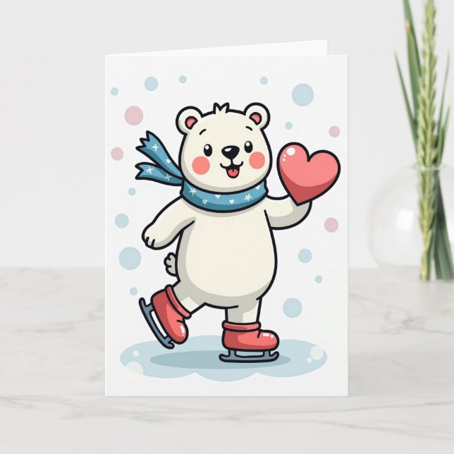Carte de patinage d'amour d'ours polaire mignon (Devant)