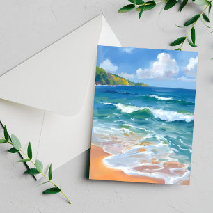 Carte de peinture à l'aquarelle de vagues bleues c