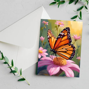 Carte de peinture florale de fleur rose de papillo