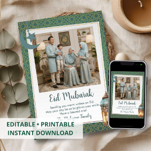 Carte de photo de famille Eid Mubarak motif vert s