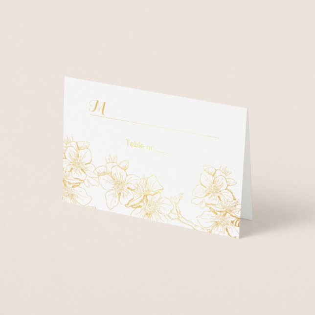 Carte de place de fleurs de feuille d'or | carte e (Devant)