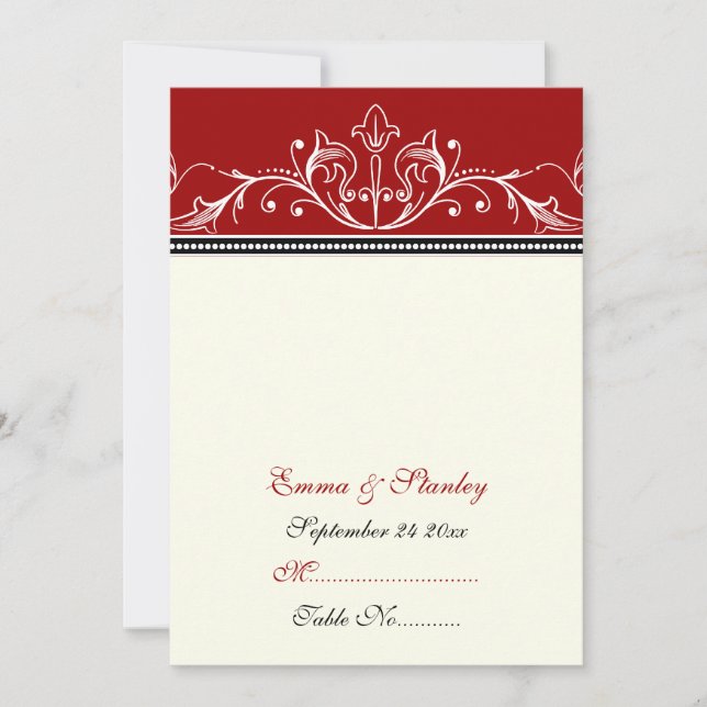 Carte de place mariage rouge ornemental (Devant)