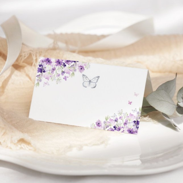 Carte de place papillon fleuri violet argenté (Créateur téléchargé)