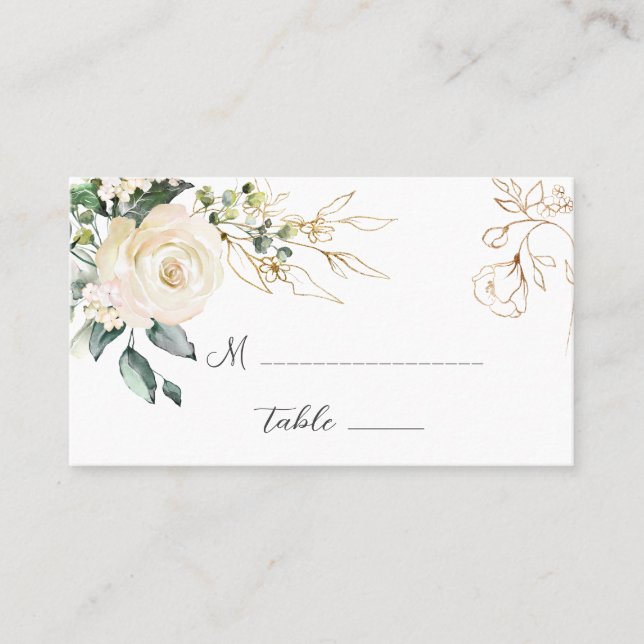 Carte de place pliée Mariage Roses blanches (Devant)