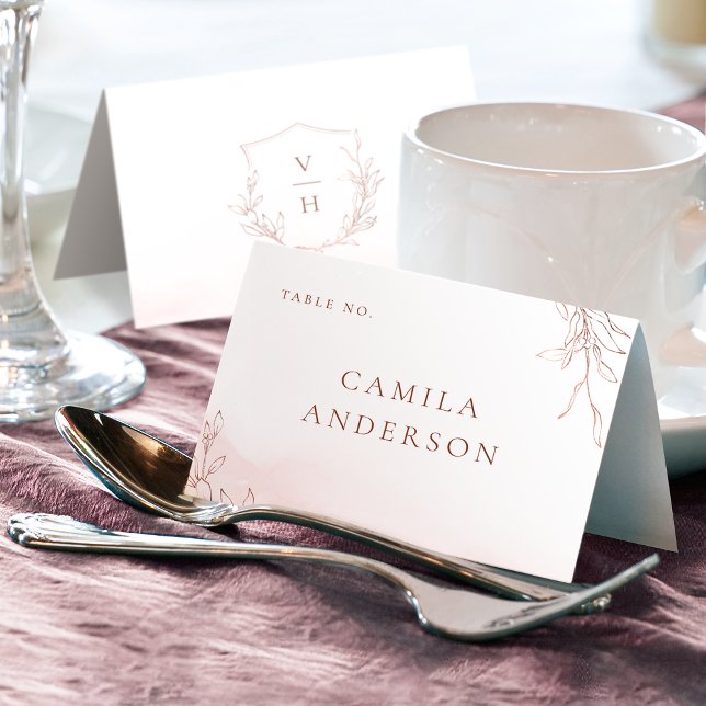 Carte de place rose or botanique crête monogramme (Rose gold botanical crest monogram place card)