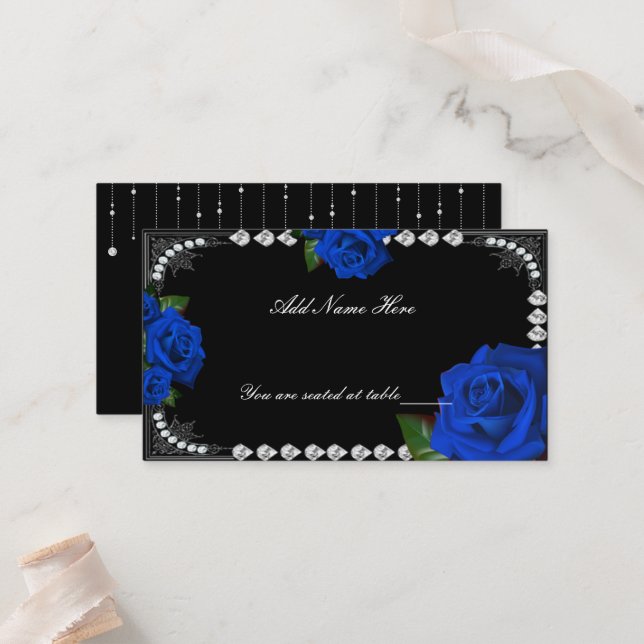 Carte De Place Roses Et Diamants Bleus Romantiques (Devant/Arrière en situation)