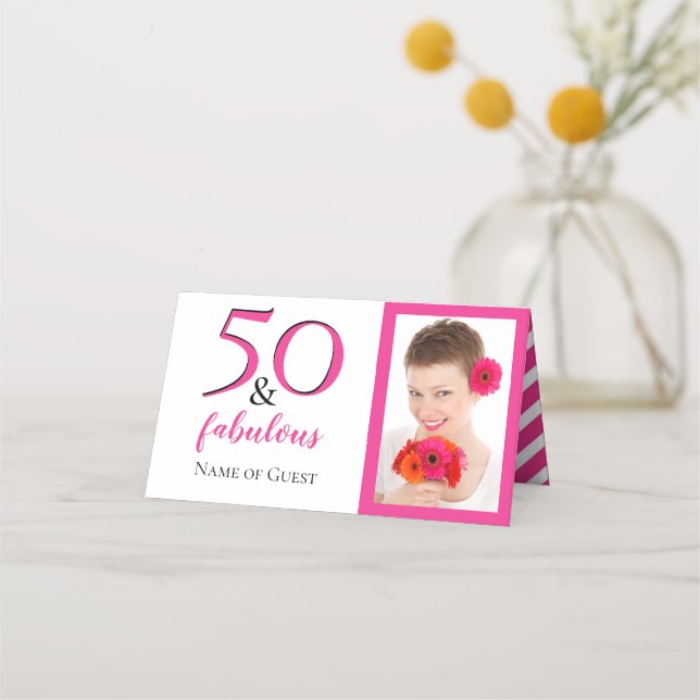 Carte De Placement 50 & Fabuleux Photo Pink Chevron White Party (Devant)