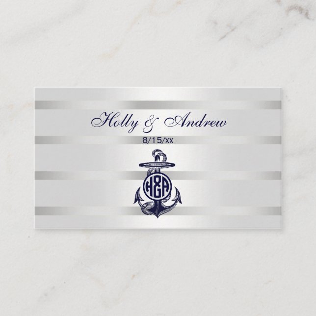 Carte De Placement Ancre Bleue Argent Blanc Cercle Marine Monogramme  (Devant)