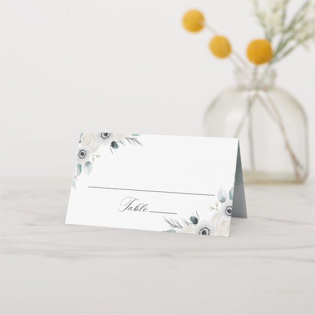 Carte De Placement Anémones blancs et Roses Mariage personnalisé (Devant)