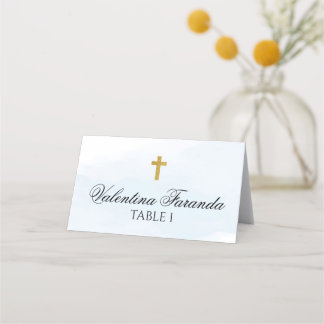 Carte De Placement Aquarelle Bleue Avec Baptême Croix Or