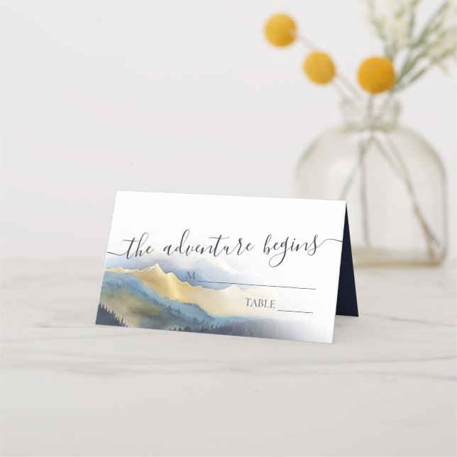 Carte De Placement Aquarelle Blue Gold Foil Mountain Mariage extérieu (Devant)