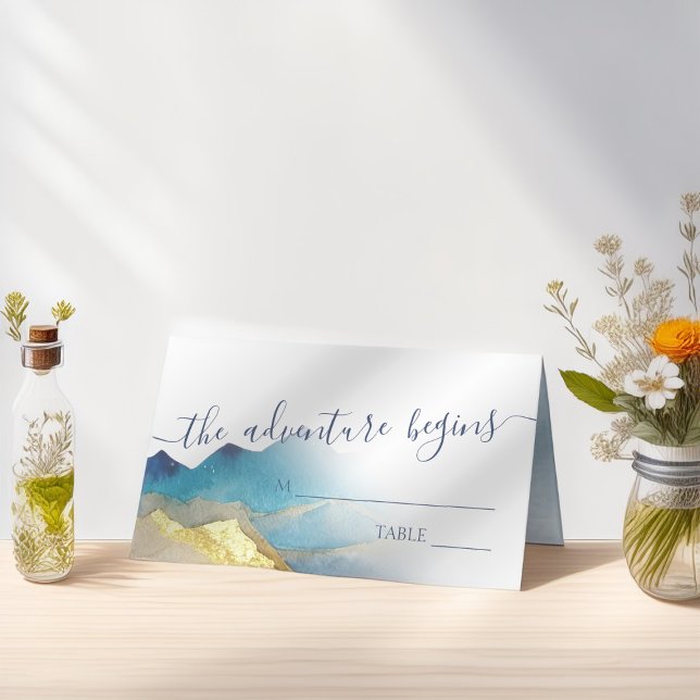 Carte De Placement Aquarelle Blue Gold Foil Mountain Mariage extérieu (Créateur téléchargé)