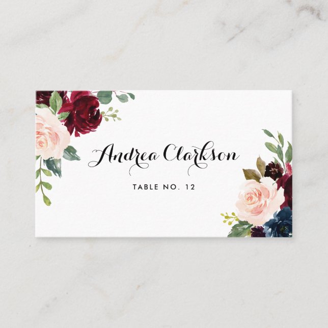 Carte De Placement Aquarelle Bourgogne et bouquet floral bleu (Devant)
