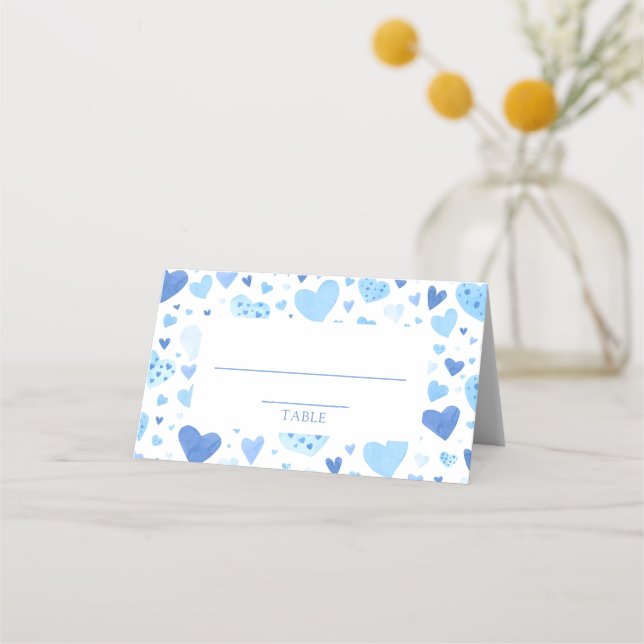Carte De Placement Aquarelle Cute Blue Hearts Saint Valentin (Devant)
