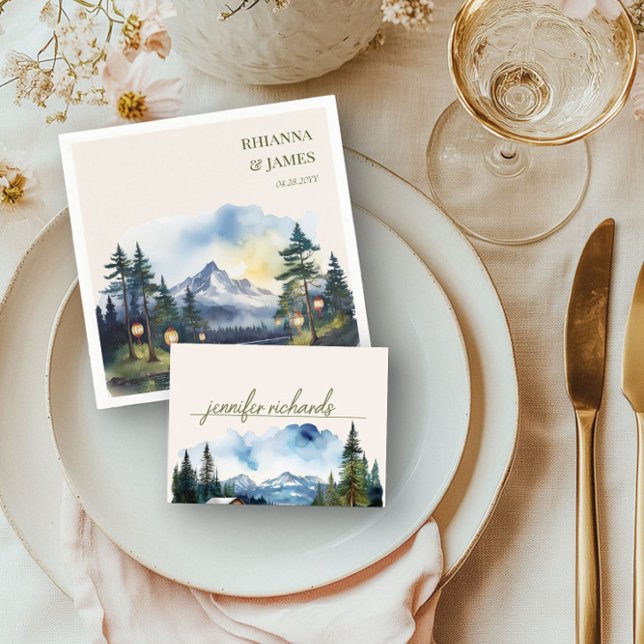 Carte De Placement Aquarelle de la forêt de Country Mountain (Table Place Card from the Country Lake wedding collection by Darling & May)