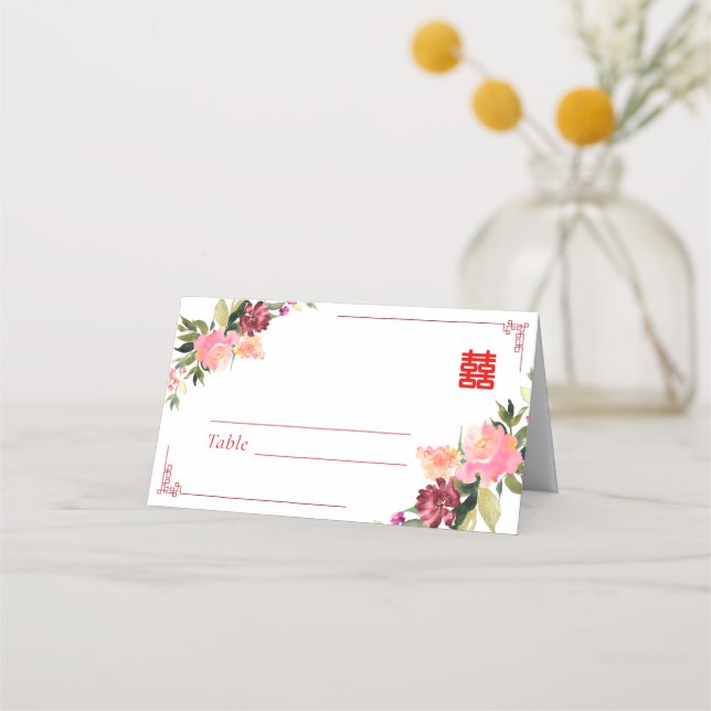 Carte De Placement Aquarelle fleur double xi cadre mariage chinois (Devant)