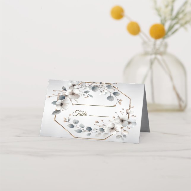 Carte De Placement Aquarelle Fleurs Blanches Cadre Doré Teal Argenté (Devant)