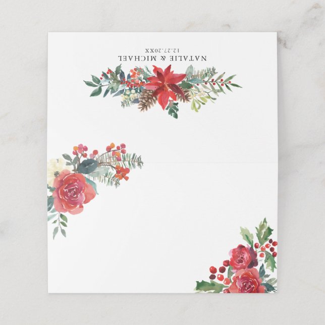 Carte De Placement Aquarelle Fleurs de Noël & Pine Cones Mariage (Extérieur déplié)
