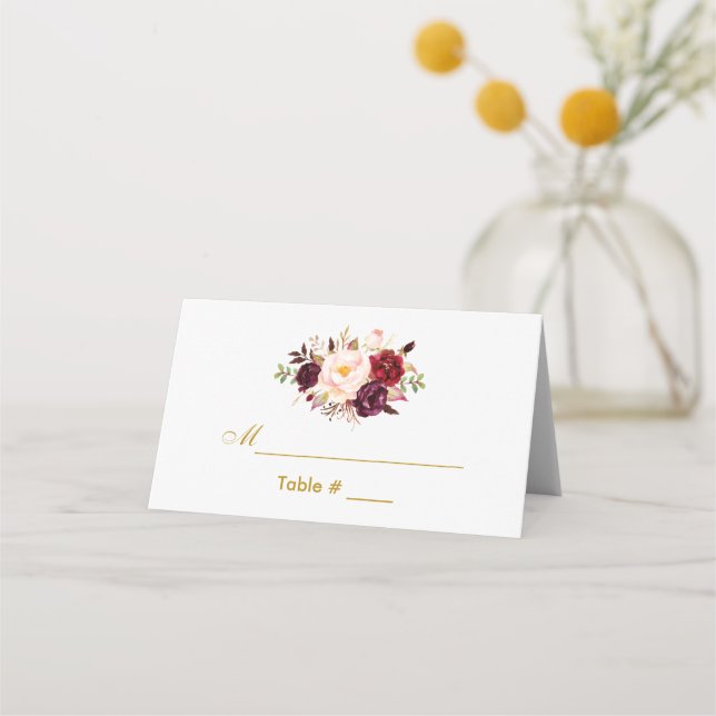 Carte De Placement Aquarelle Floral Bourgogne Mariage or (Devant)