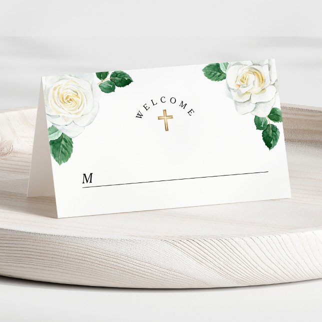 Carte De Placement Aquarelle Floral Roses Blanches Fille Première Com (Front - Watercolor Floral White Roses Girl First Communion Place Card)