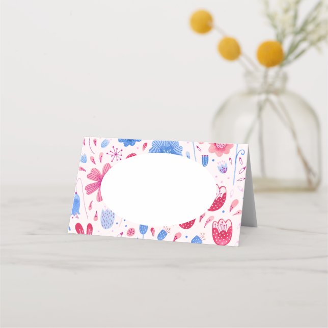 Carte De Placement Aquarelle florale bleu rose (Devant)