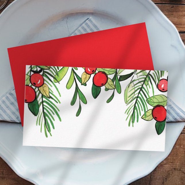 Carte De Placement Aquarelle Holly Berry Foliage | Vacances (Créateur téléchargé)