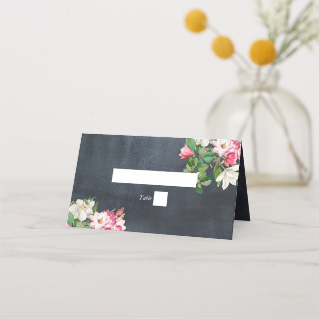 Carte De Placement Aquarelle Magnolia Fleurs Mariage Noir Blanc (Devant)
