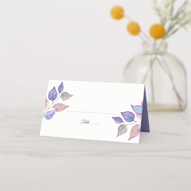 Carte De Placement Aquarelle moderne peint violet Mariage de feuillag (Devant)